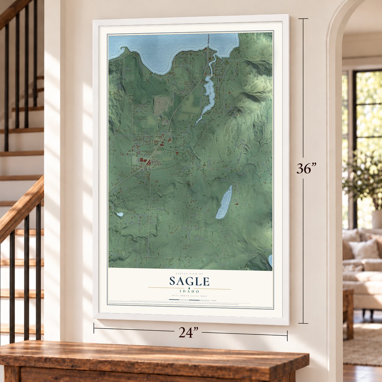 Sagle, Idaho map, 24 x 36 inch print in a white frame by a staircase