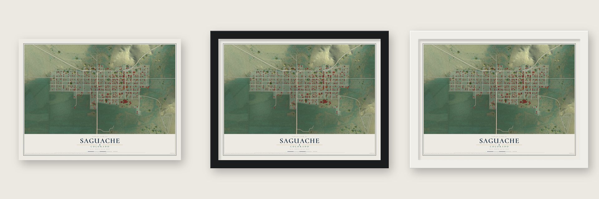 Saguache, Colorado map unframed, in a black wood frame and in a white wood frame