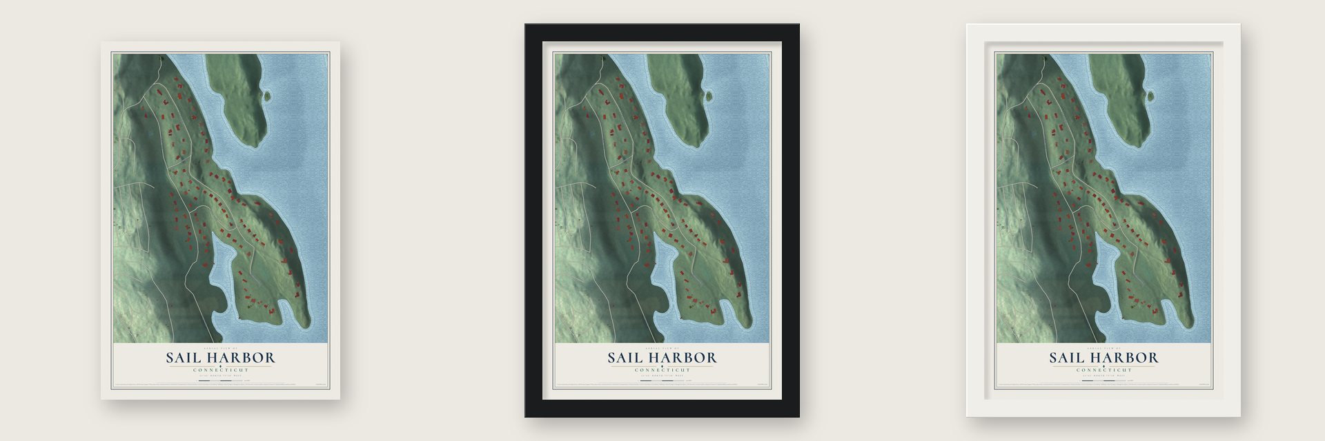 Sail Harbor, Connecticut map unframed, in a black wood frame and in a white wood frame