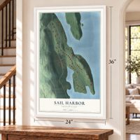 Sail Harbor, Connecticut map, 24 x 36 inch print in a white frame by a staircase