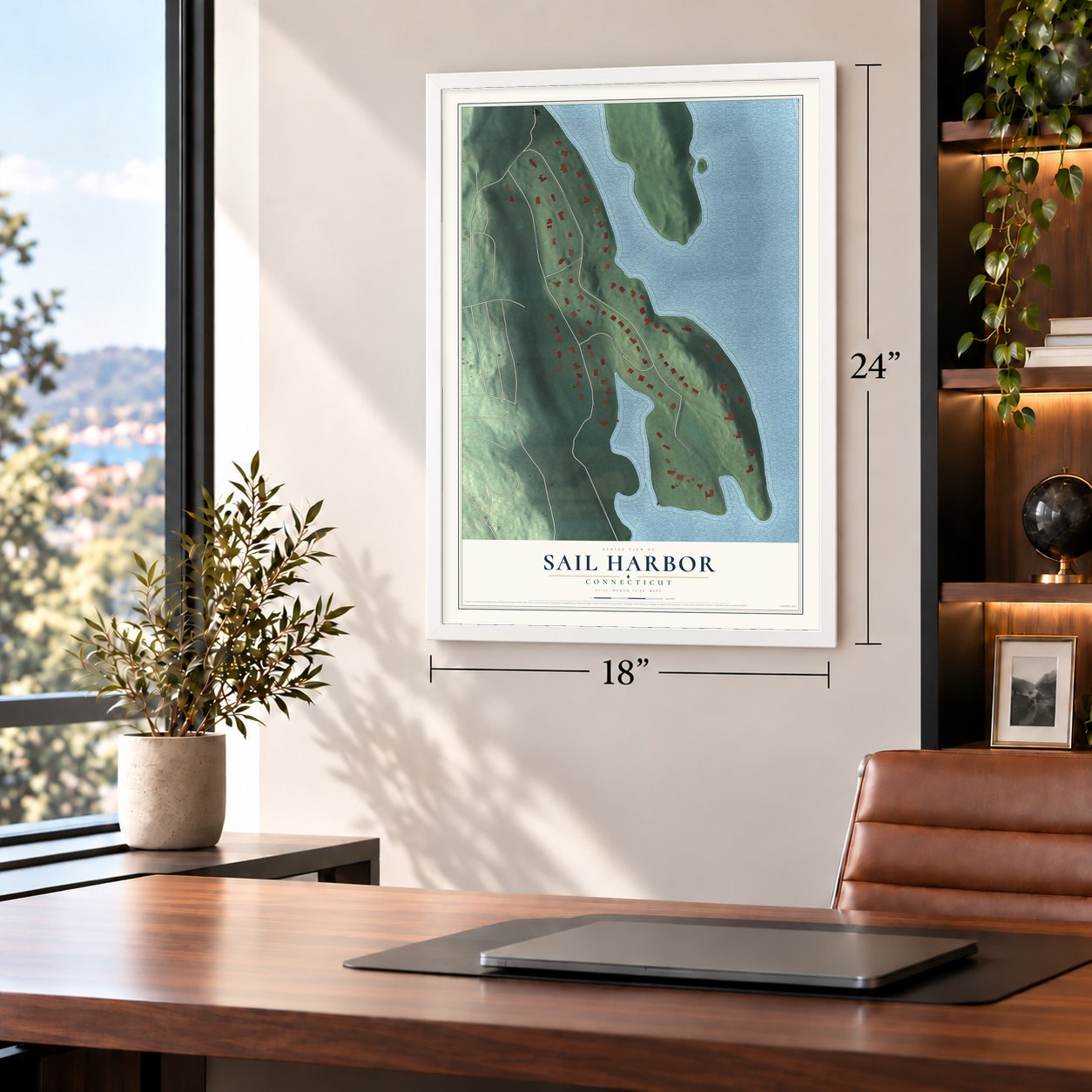 Sail Harbor, Connecticut map, 18 x 24 inch print in a white frame in a home office