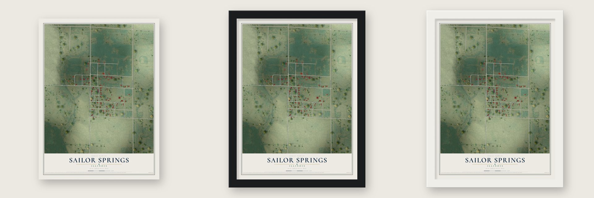 Sailor Springs, Illinois map unframed, in a black wood frame and in a white wood frame