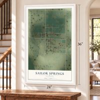 Sailor Springs, Illinois map, 24 x 36 inch print in a white frame by a staircase