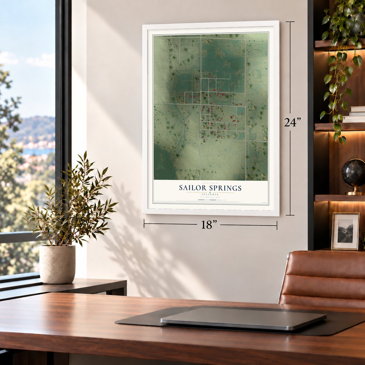 Sailor Springs, Illinois map, 18 x 24 inch print in a white frame in a home office