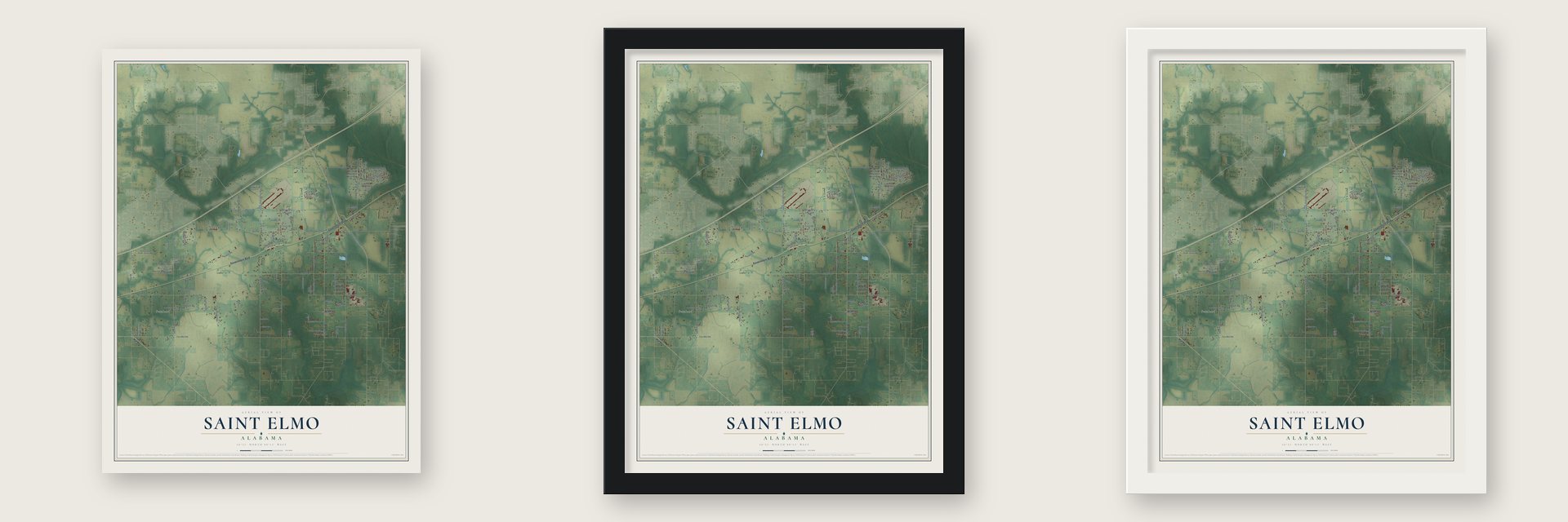 Saint Elmo, Alabama map unframed, in a black wood frame and in a white wood frame