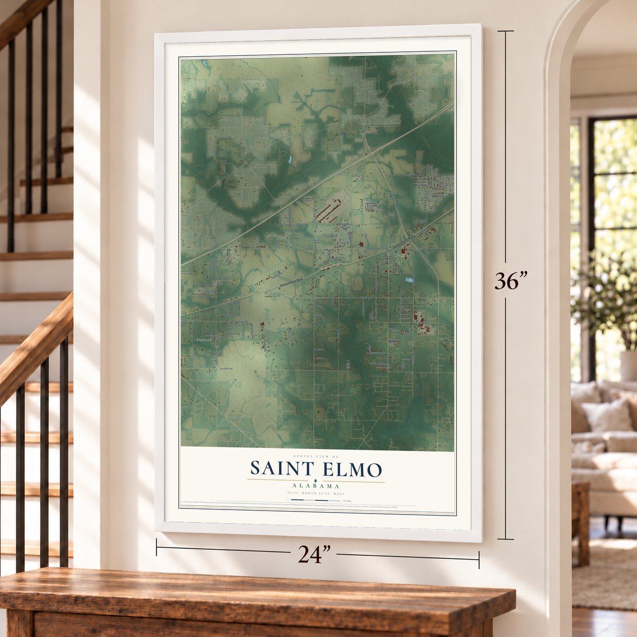 Saint Elmo, Alabama map, 24 x 36 inch print in a white frame by a staircase