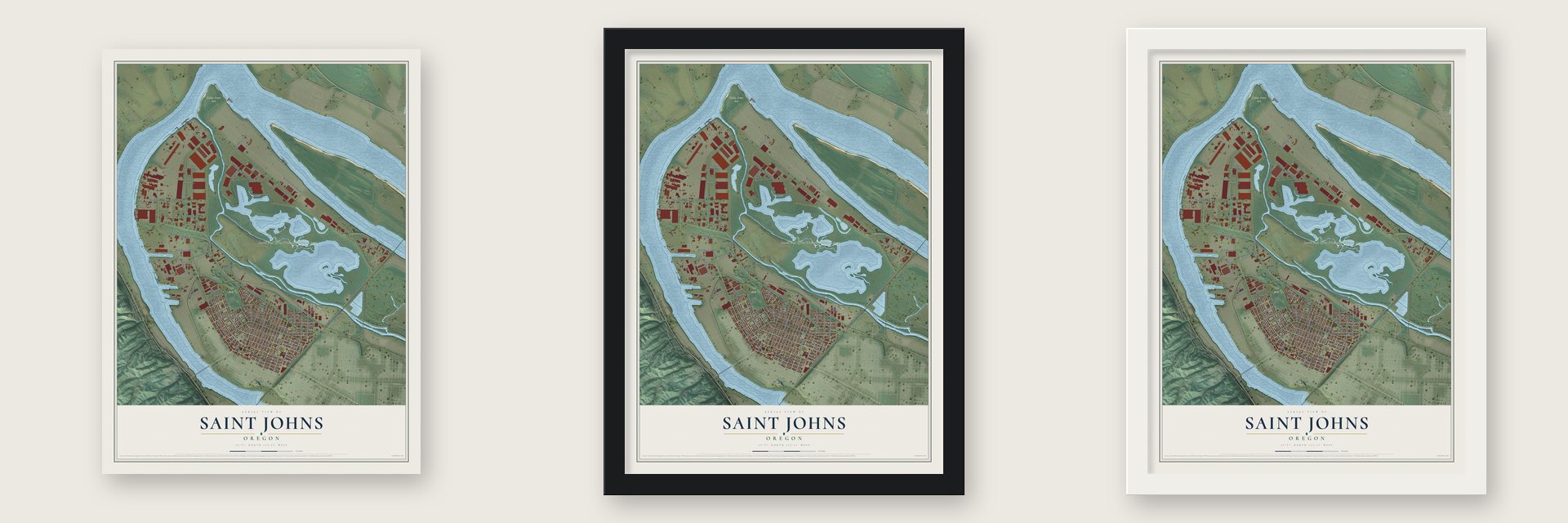 Saint Johns, Oregon map unframed, in a black wood frame and in a white wood frame