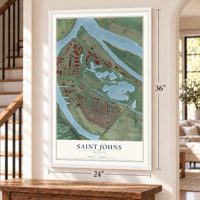 Saint Johns, Oregon map, 24 x 36 inch print in a white frame by a staircase