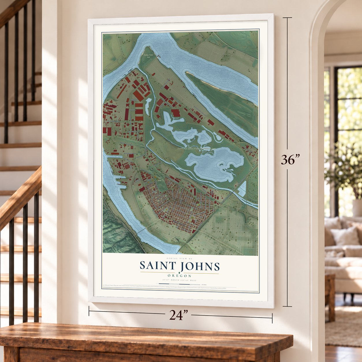Saint Johns, Oregon map, 24 x 36 inch print in a white frame by a staircase