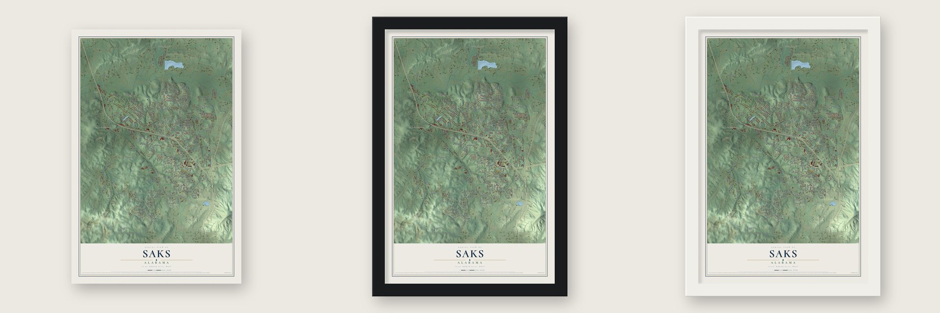 Saks, Alabama map unframed, in a black wood frame and in a white wood frame