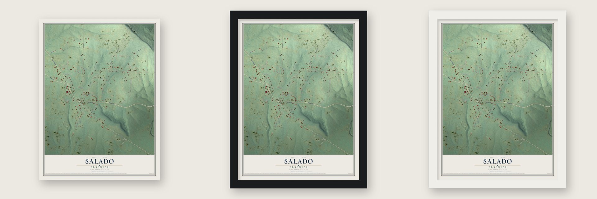Salado, Arkansas map unframed, in a black wood frame and in a white wood frame