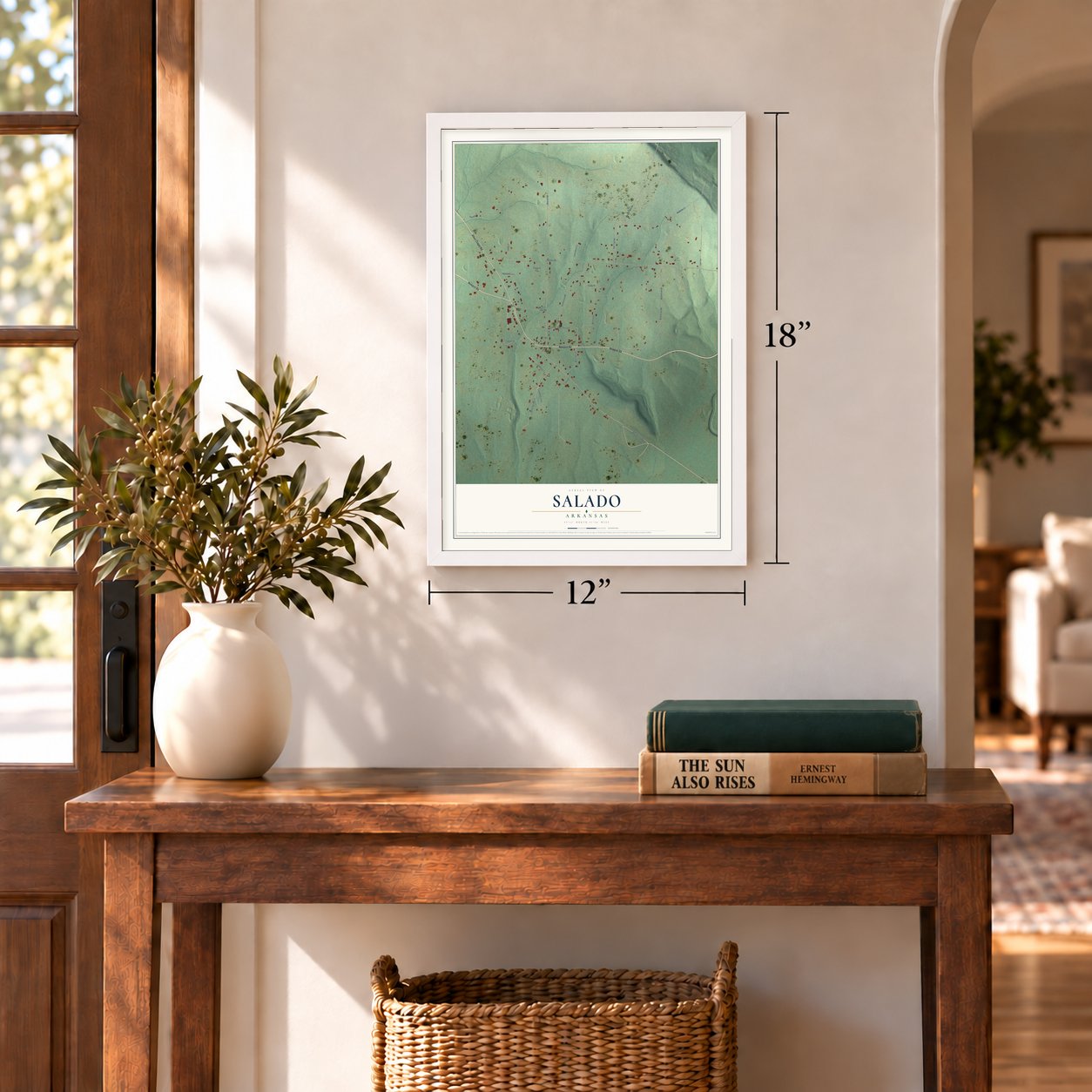 Salado, Arkansas map, 12 x 18 inch print in a white frame in an entryway