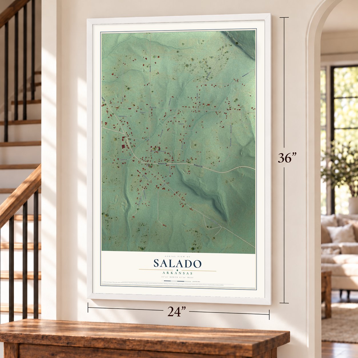 Salado, Arkansas map, 24 x 36 inch print in a white frame by a staircase