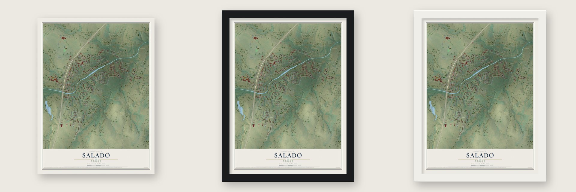 Salado, Texas map unframed, in a black wood frame and in a white wood frame