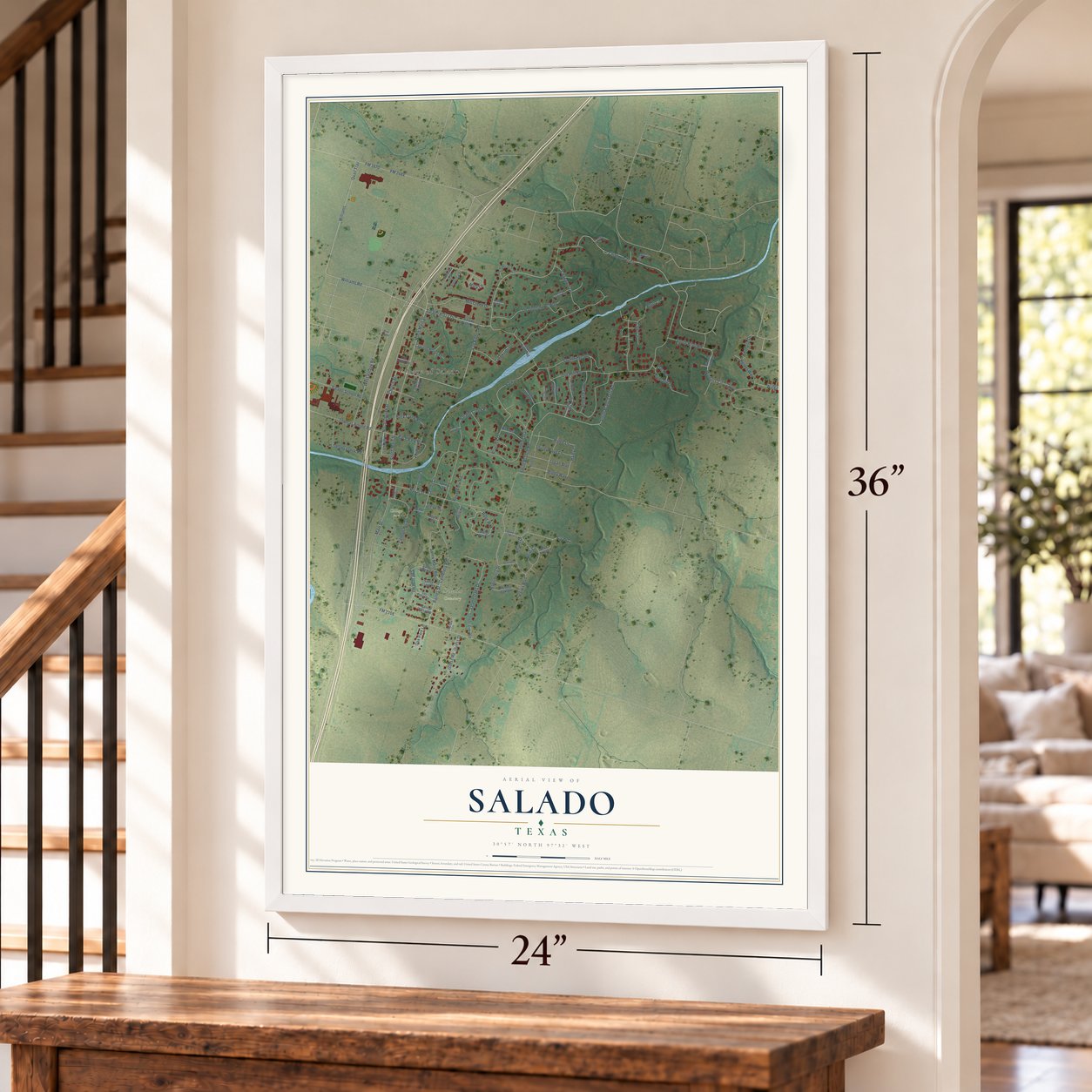 Salado, Texas map, 24 x 36 inch print in a white frame by a staircase