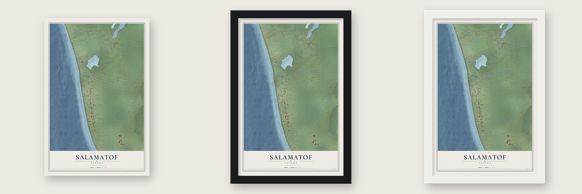 Salamatof, Alaska map unframed, in a black wood frame and in a white wood frame