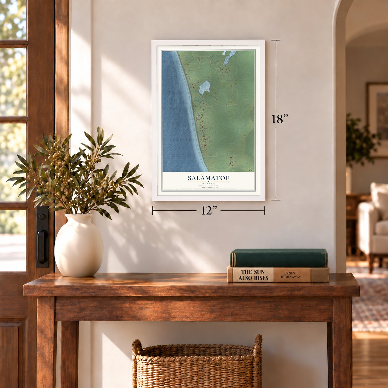 Salamatof, Alaska map, 12 x 18 inch print in a white frame in an entryway