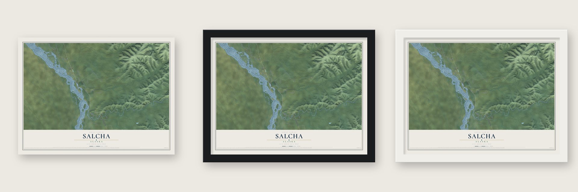 Salcha, Alaska map unframed, in a black wood frame and in a white wood frame