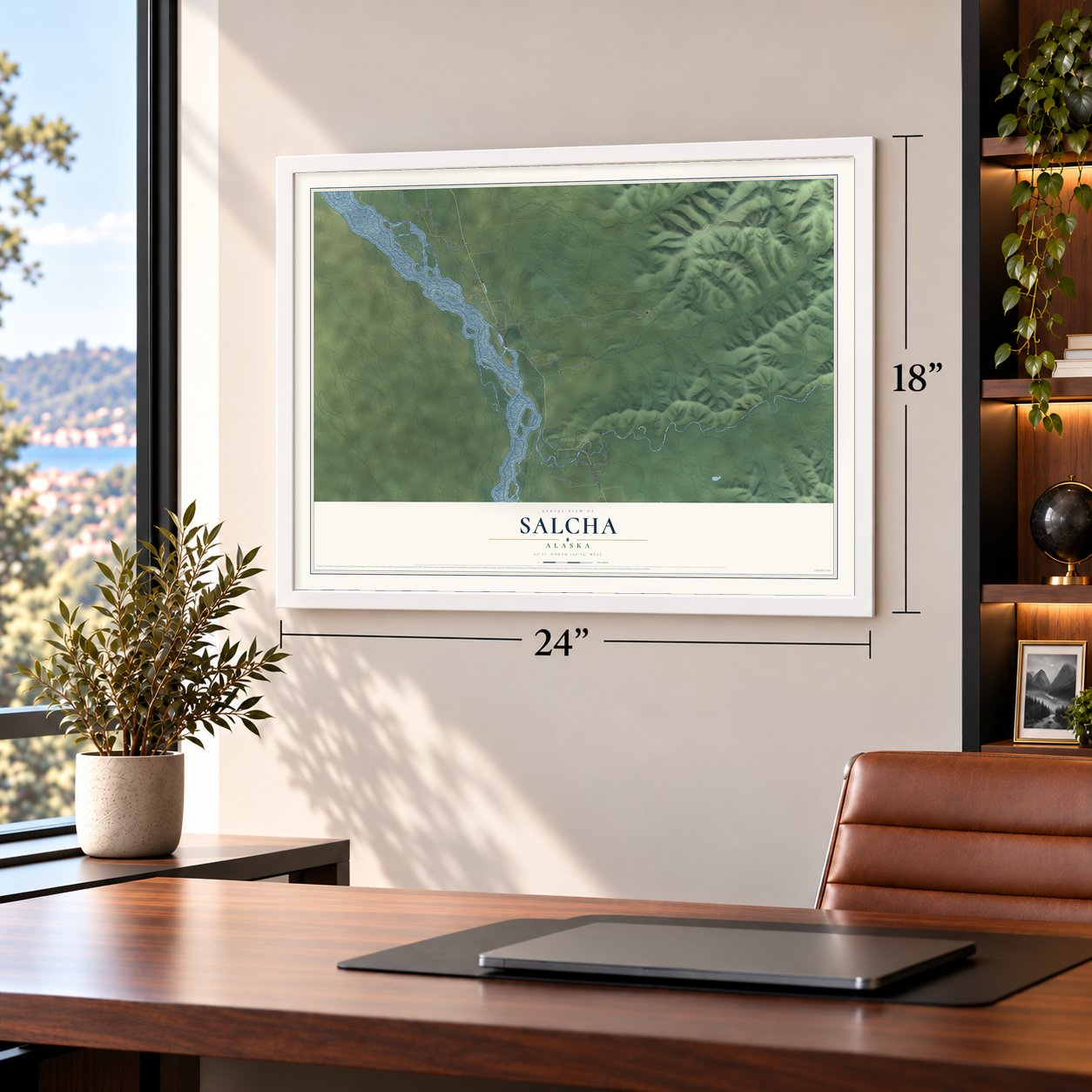 Salcha, Alaska map, 18 x 24 inch print in a white frame in a home office