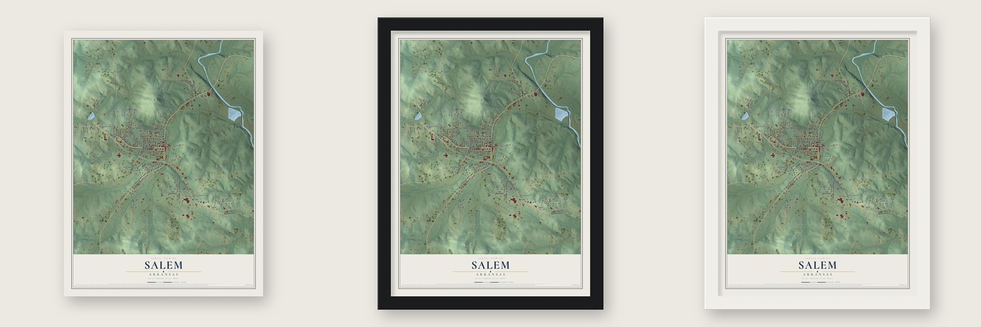 Salem, Arkansas map unframed, in a black wood frame and in a white wood frame