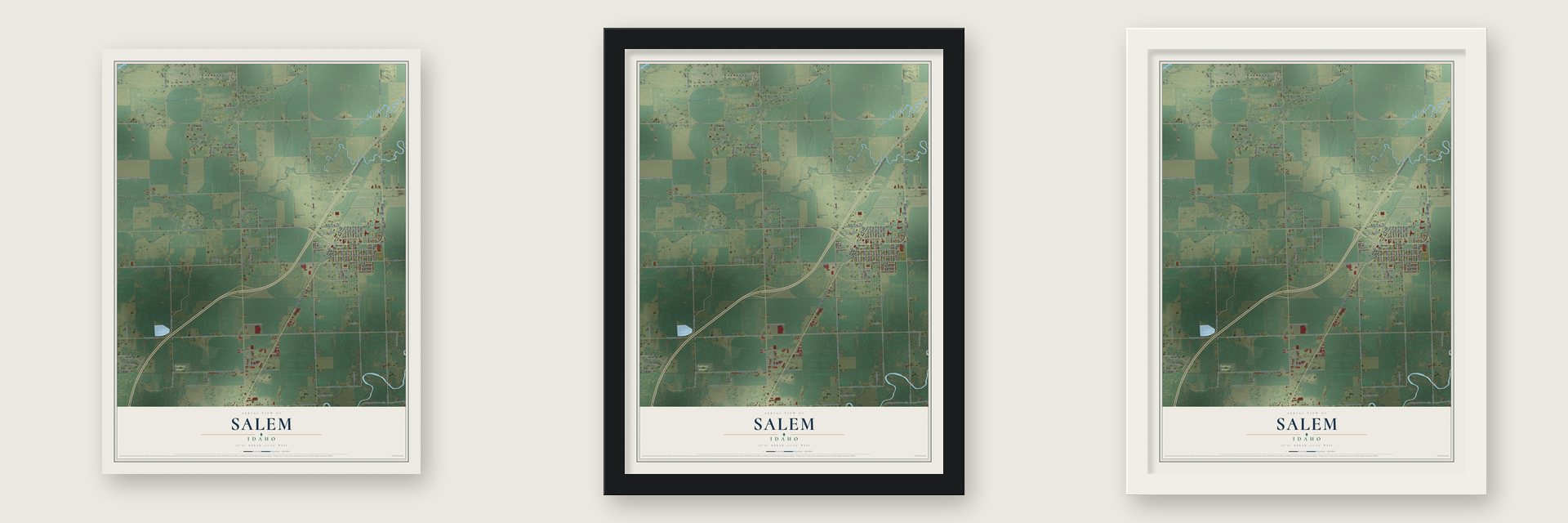 Salem, Idaho map unframed, in a black wood frame and in a white wood frame