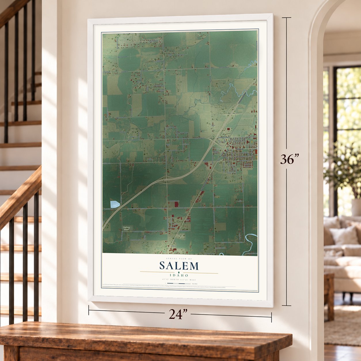Salem, Idaho map, 24 x 36 inch print in a white frame by a staircase