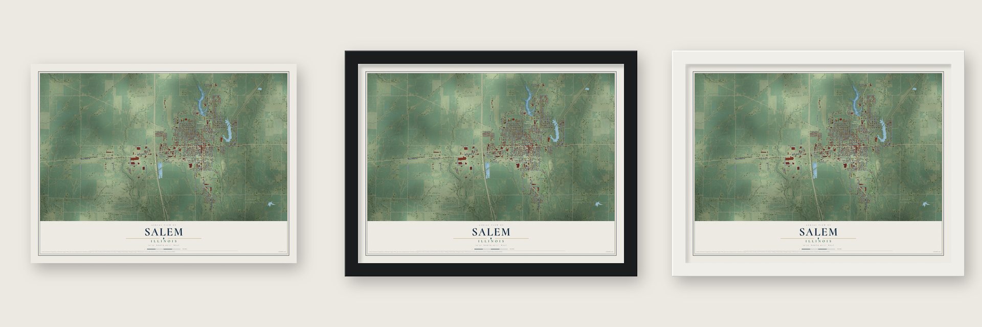Salem, Illinois map unframed, in a black wood frame and in a white wood frame