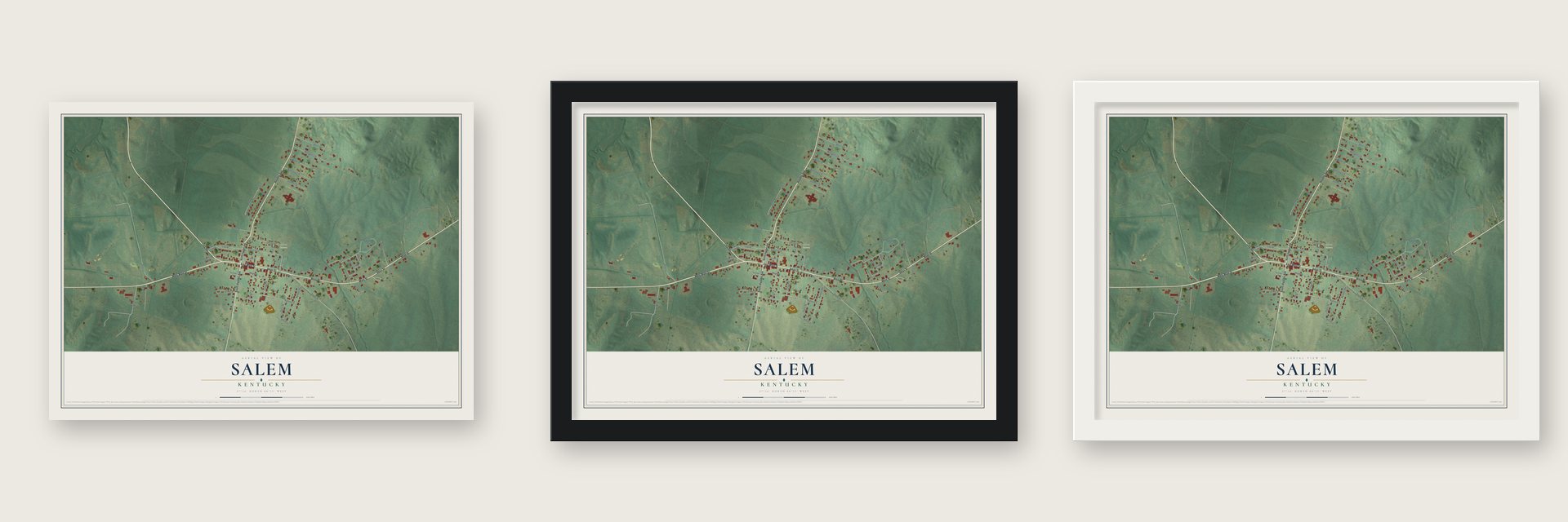 Salem, Kentucky map unframed, in a black wood frame and in a white wood frame
