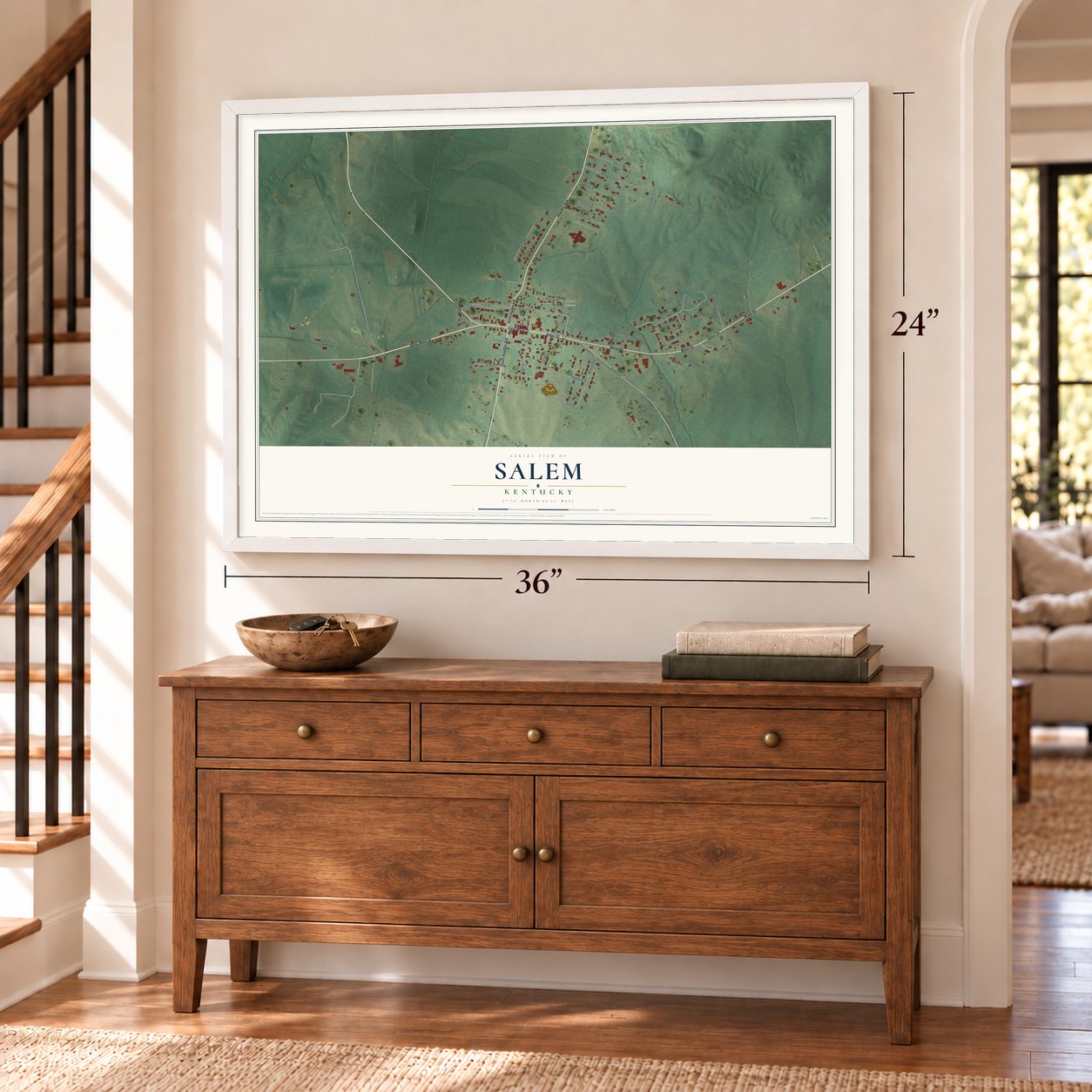 Salem, Kentucky map, 24 x 36 inch print in a white frame above a dresser by a staircase