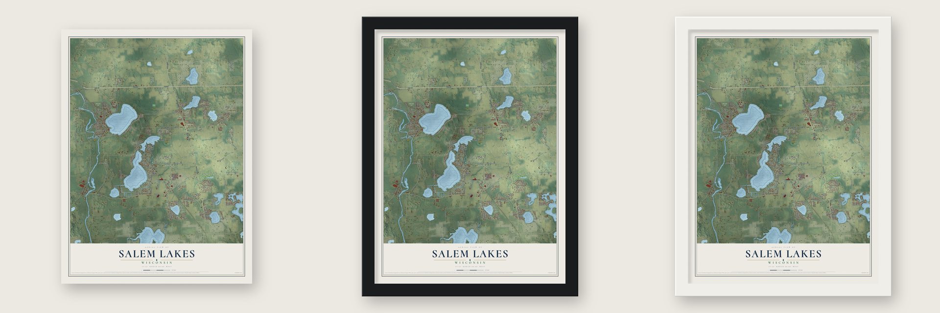 Salem Lakes, Wisconsin map unframed, in a black wood frame and in a white wood frame