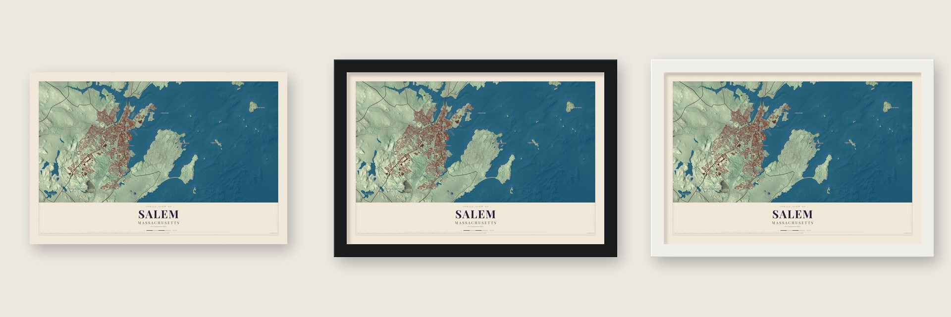 Salem, Massachusetts map unframed, in a black wood frame and in a white wood frame