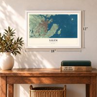 Salem, Massachusetts map, 12 x 18 inch print in a white frame in an entryway