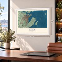 Salem, Massachusetts map, 18 x 24 inch print in a white frame in a home office