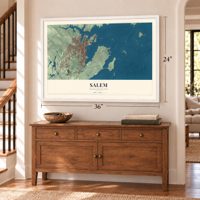 Salem, Massachusetts map, 24 x 36 inch print in a white frame above a dresser by a staircase
