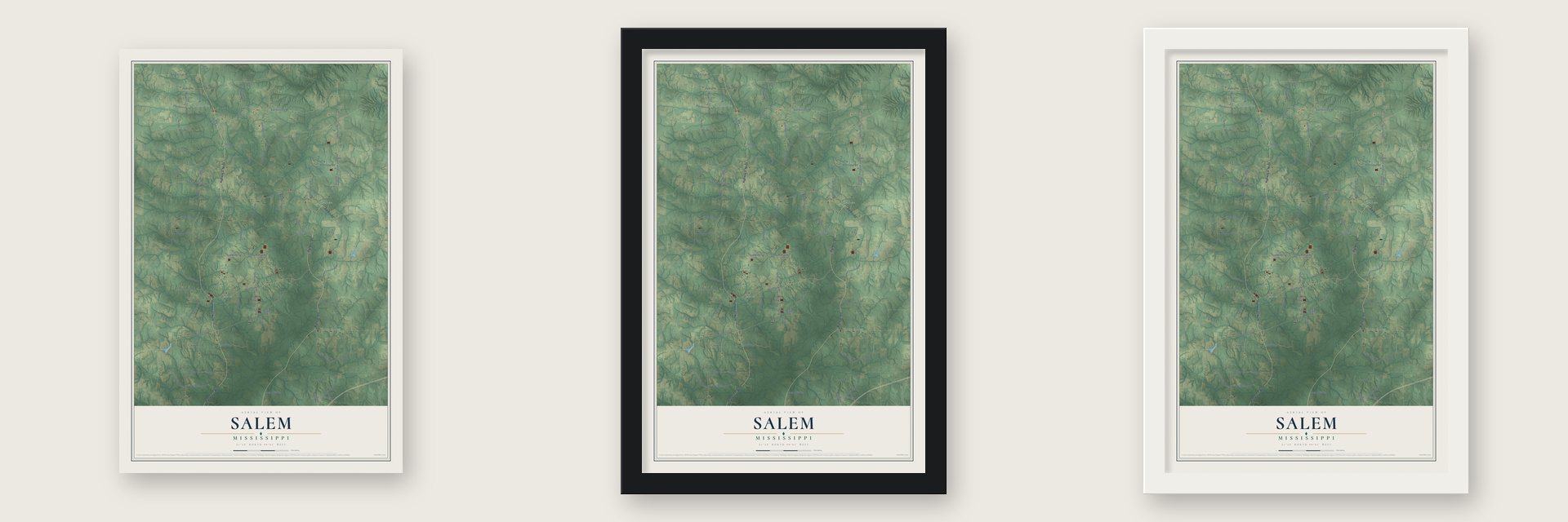 Salem, Mississippi map unframed, in a black wood frame and in a white wood frame