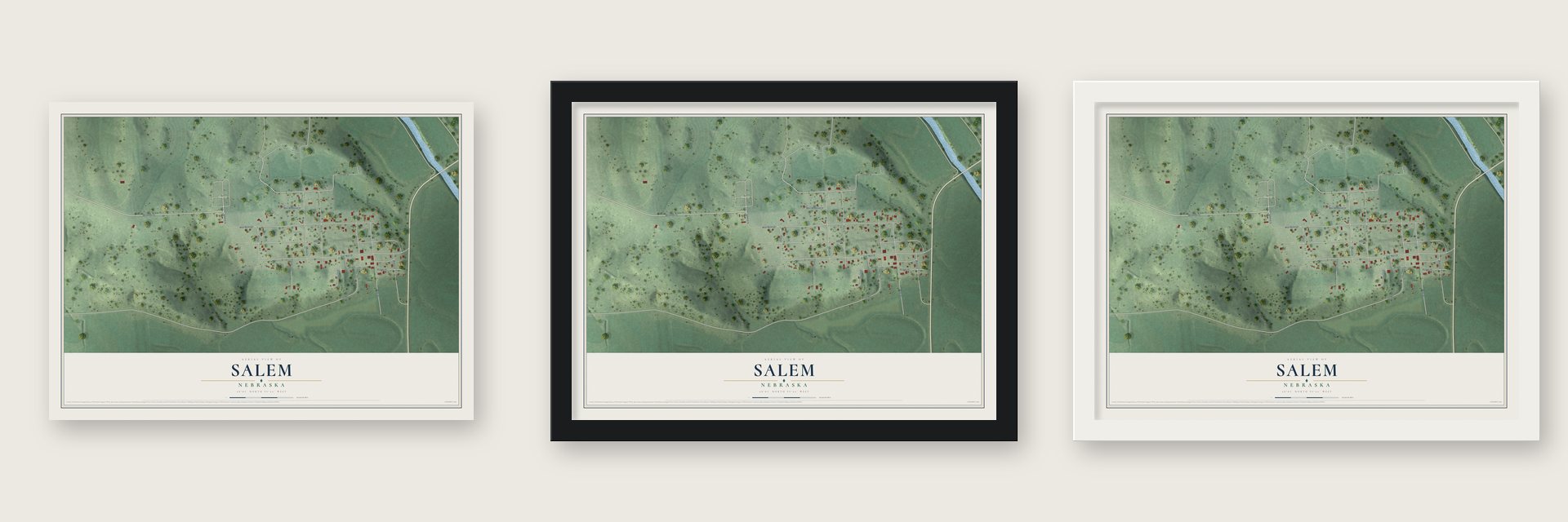 Salem, Nebraska map unframed, in a black wood frame and in a white wood frame