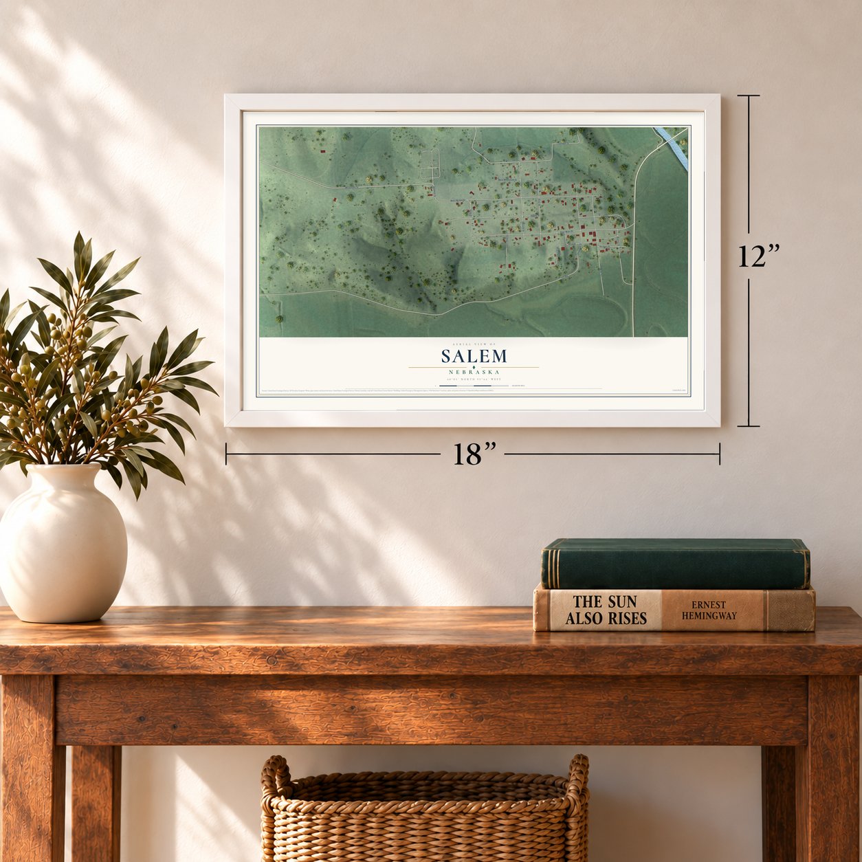 Salem, Nebraska map, 12 x 18 inch print in a white frame in an entryway