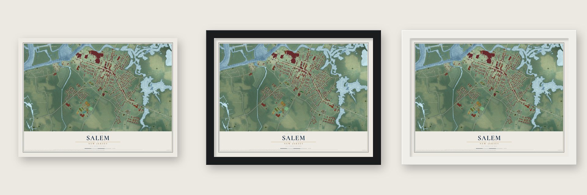 Salem, New Jersey map unframed, in a black wood frame and in a white wood frame