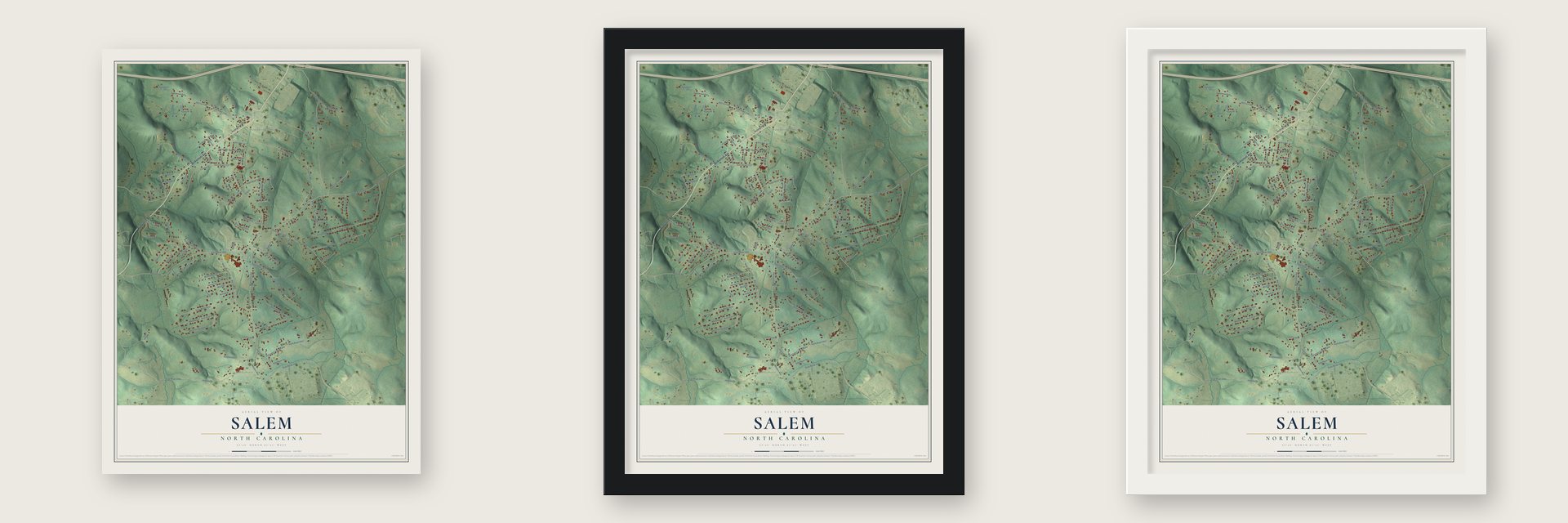 Salem, North Carolina map unframed, in a black wood frame and in a white wood frame