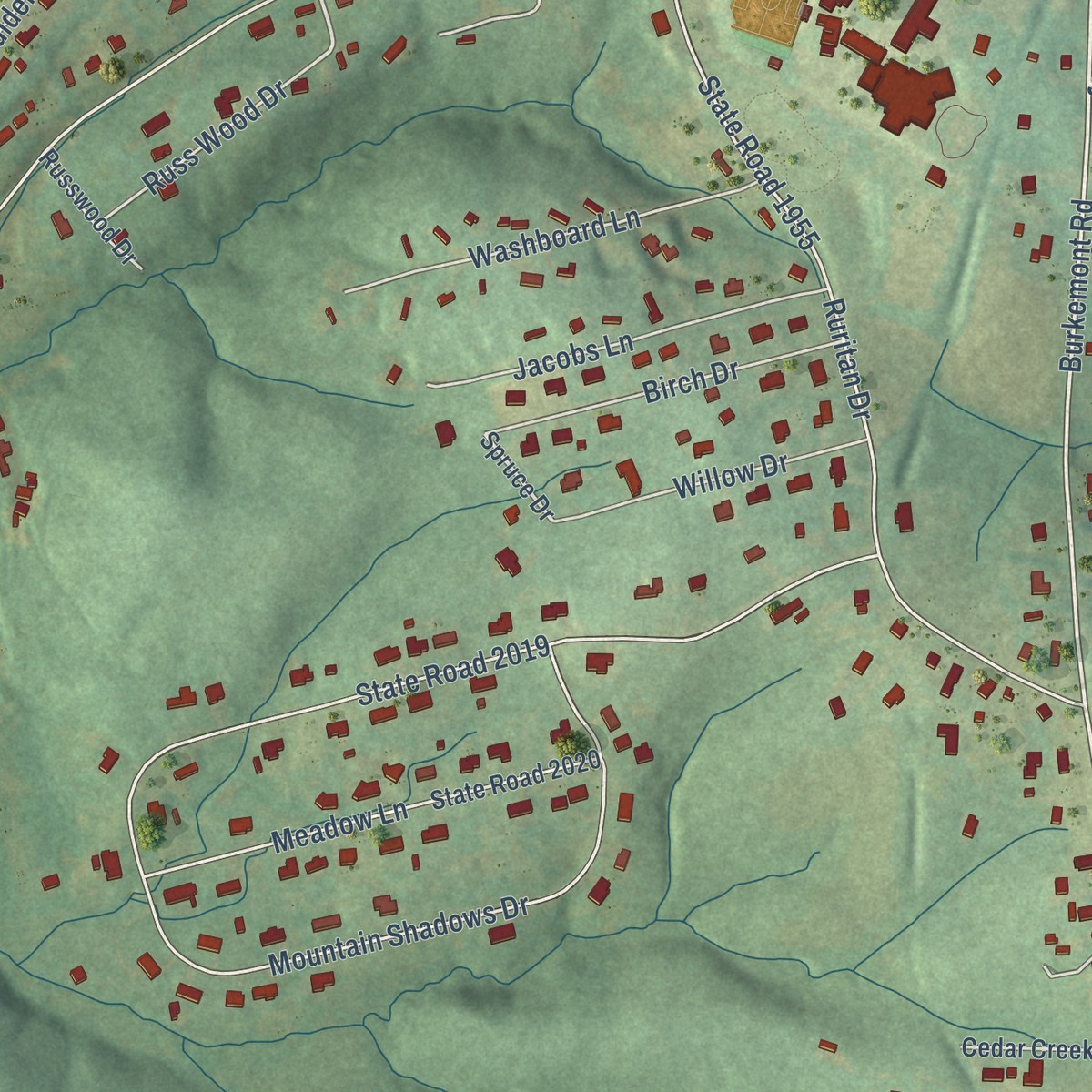 Second close-up of the map of Salem, North Carolina print showing more streets and buildings