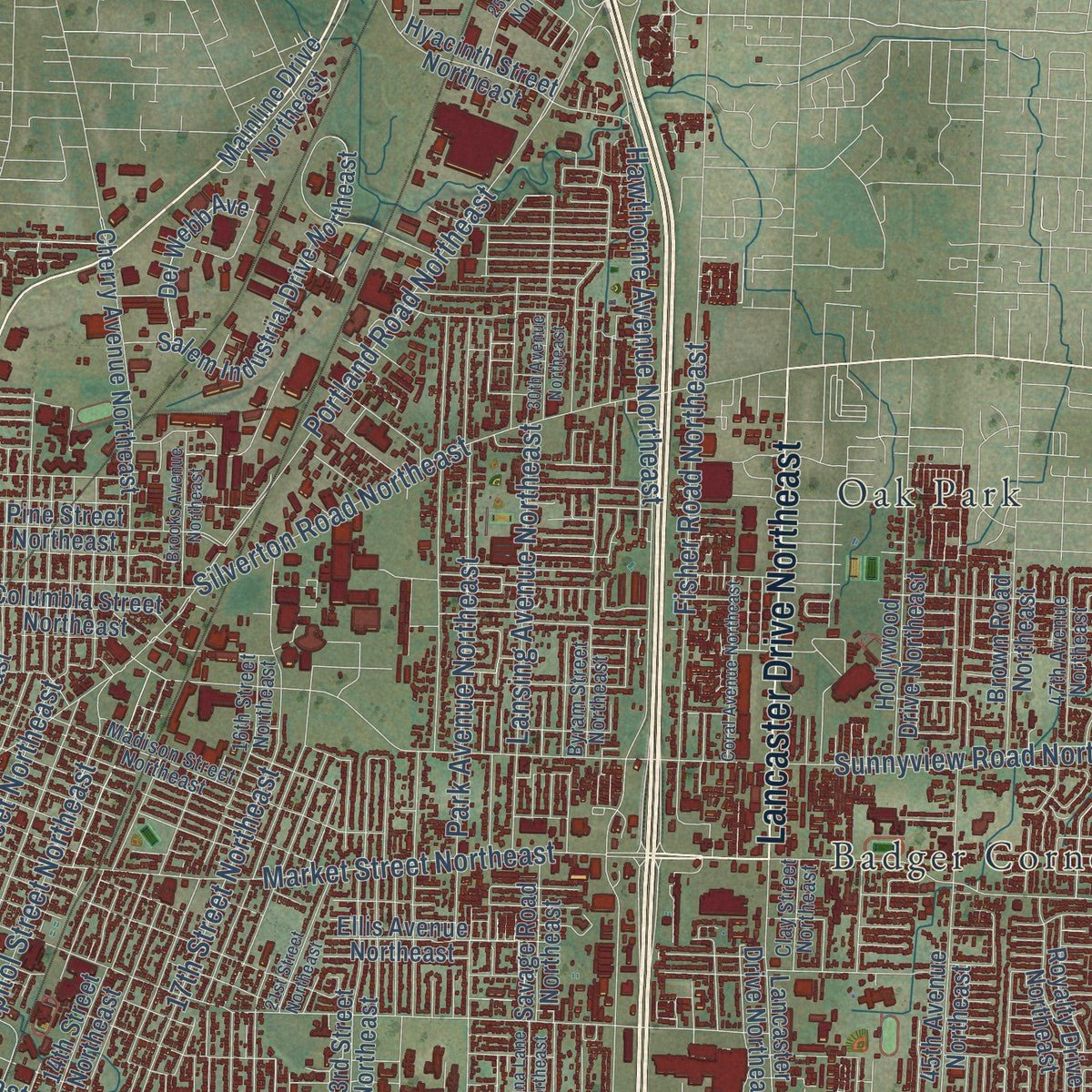 Second close-up of the map of Salem, Oregon print showing more streets and buildings