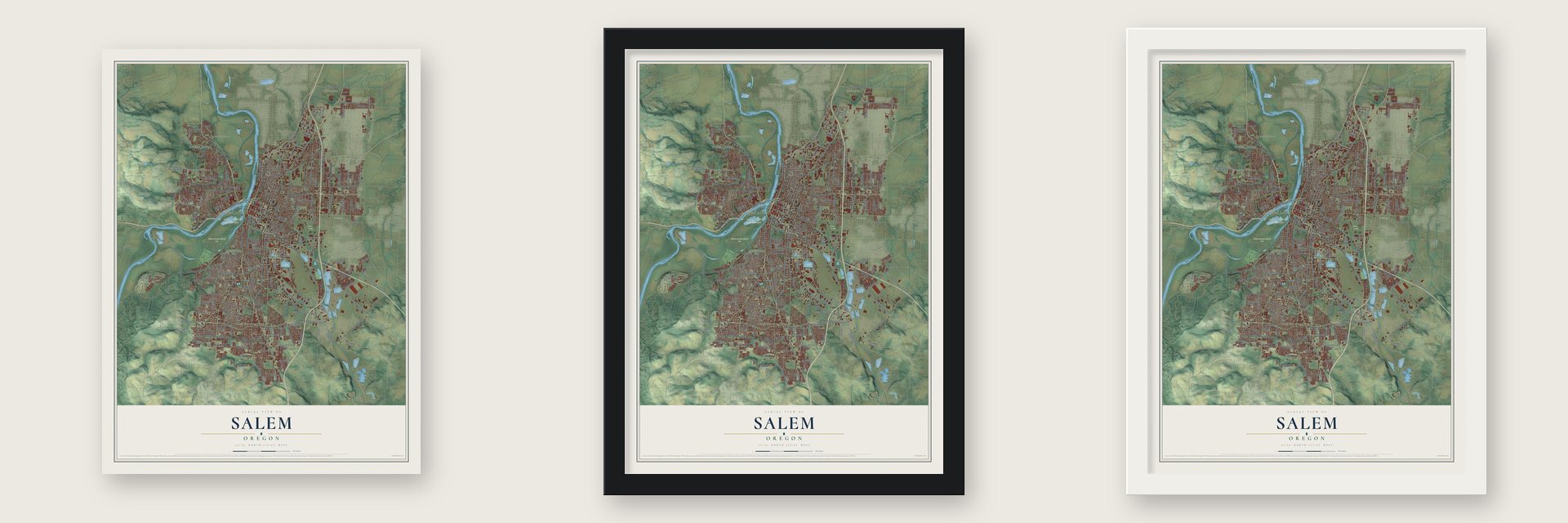 Salem, Oregon map unframed, in a black wood frame and in a white wood frame