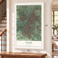 Salem, Oregon map, 24 x 36 inch print in a white frame by a staircase