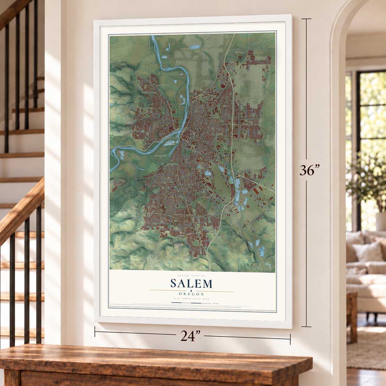 Salem, Oregon map, 24 x 36 inch print in a white frame by a staircase