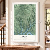 Salem, Russell County, Kentucky map, 24 x 36 inch print in a white frame by a staircase