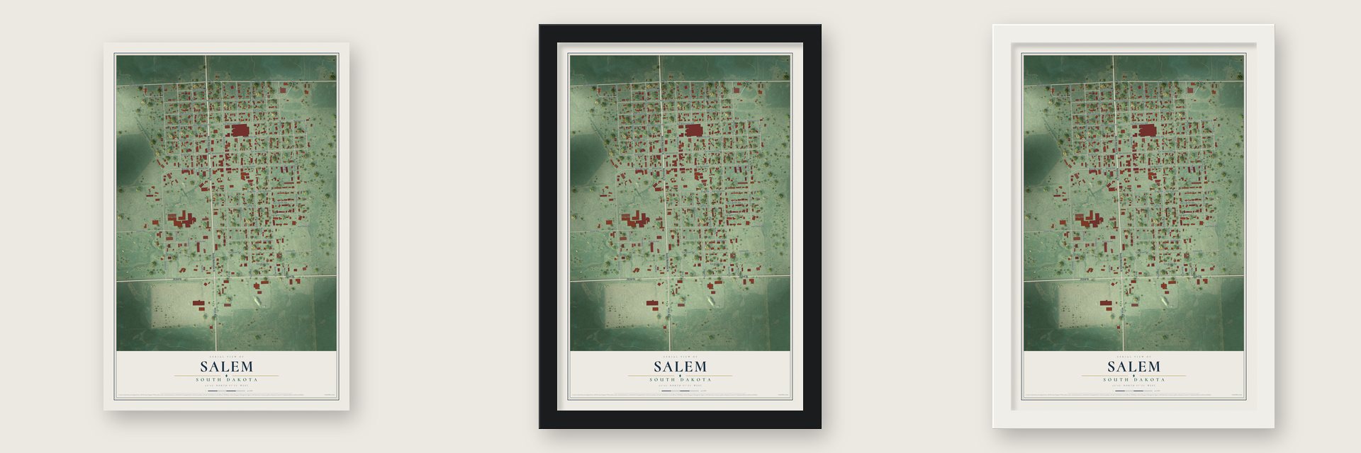Salem, South Dakota map unframed, in a black wood frame and in a white wood frame