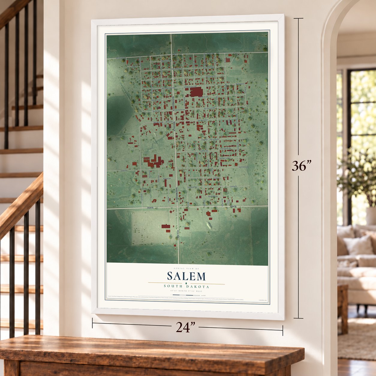 Salem, South Dakota map, 24 x 36 inch print in a white frame by a staircase