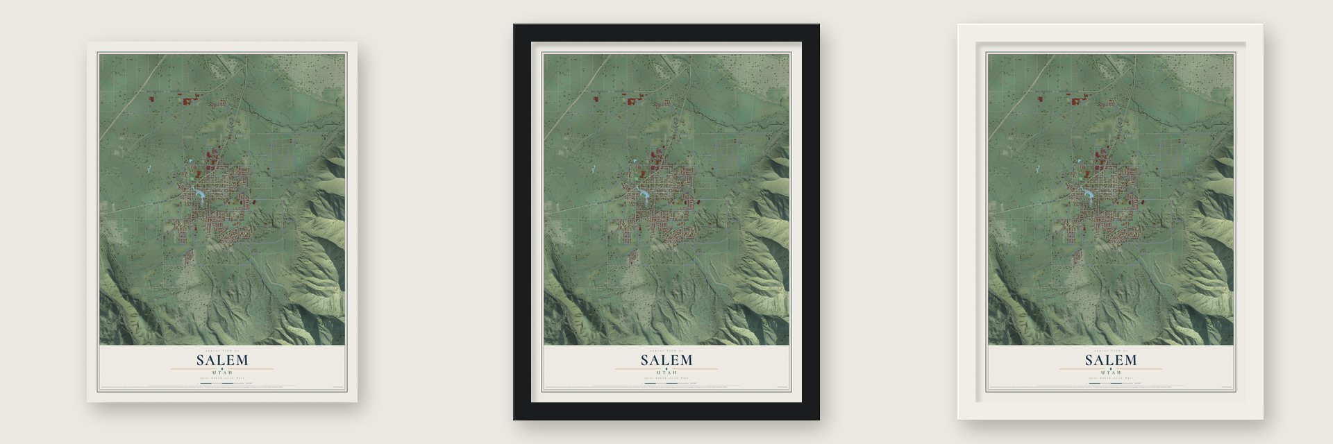 Salem, Utah map unframed, in a black wood frame and in a white wood frame