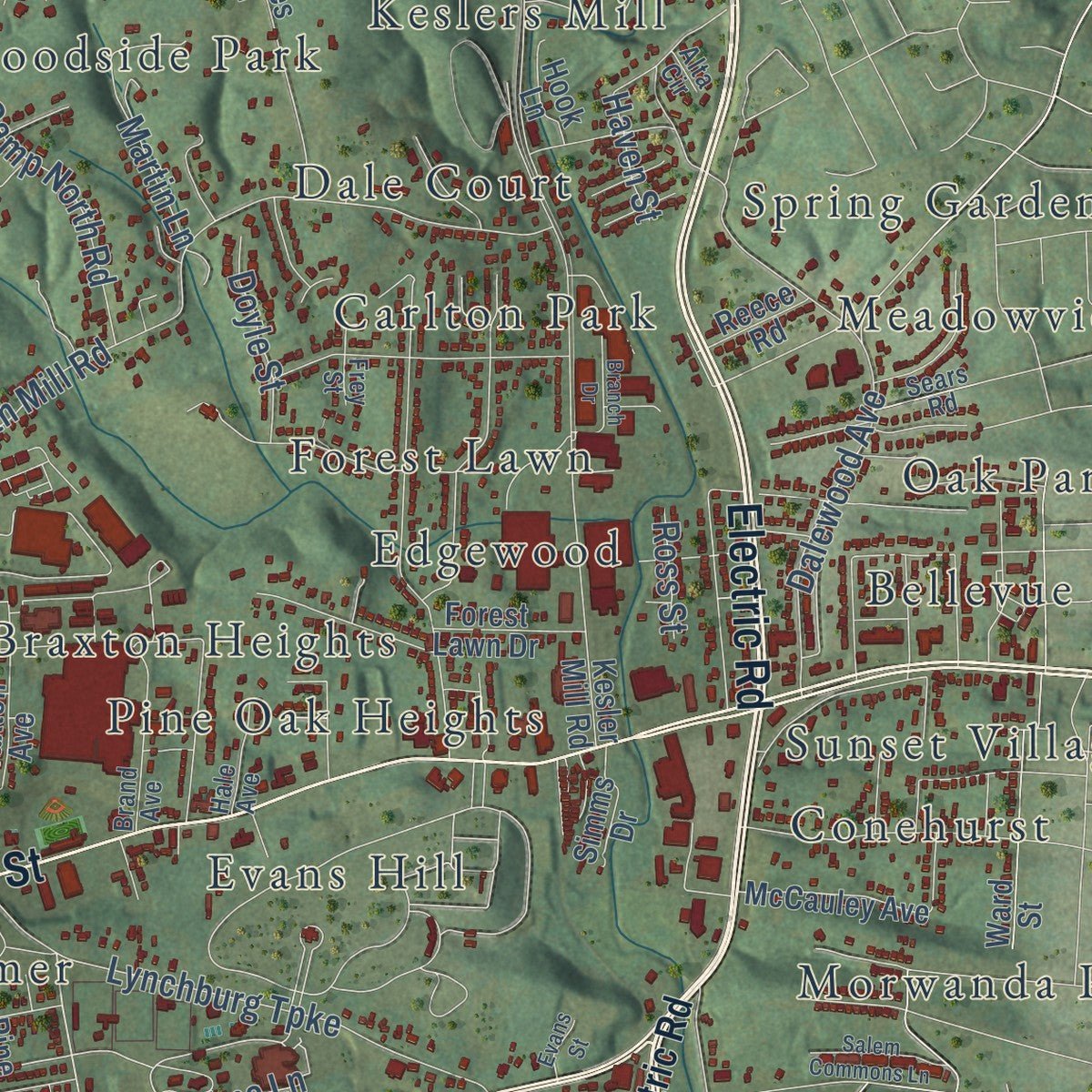 Second close-up of the map of Salem, Virginia print showing more streets and buildings