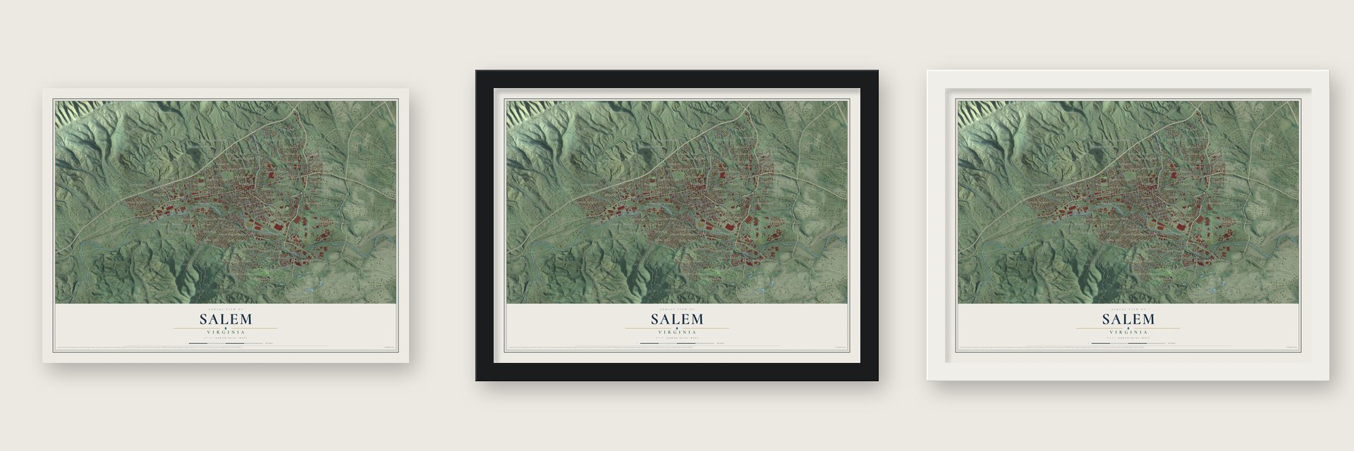 Salem, Virginia map unframed, in a black wood frame and in a white wood frame